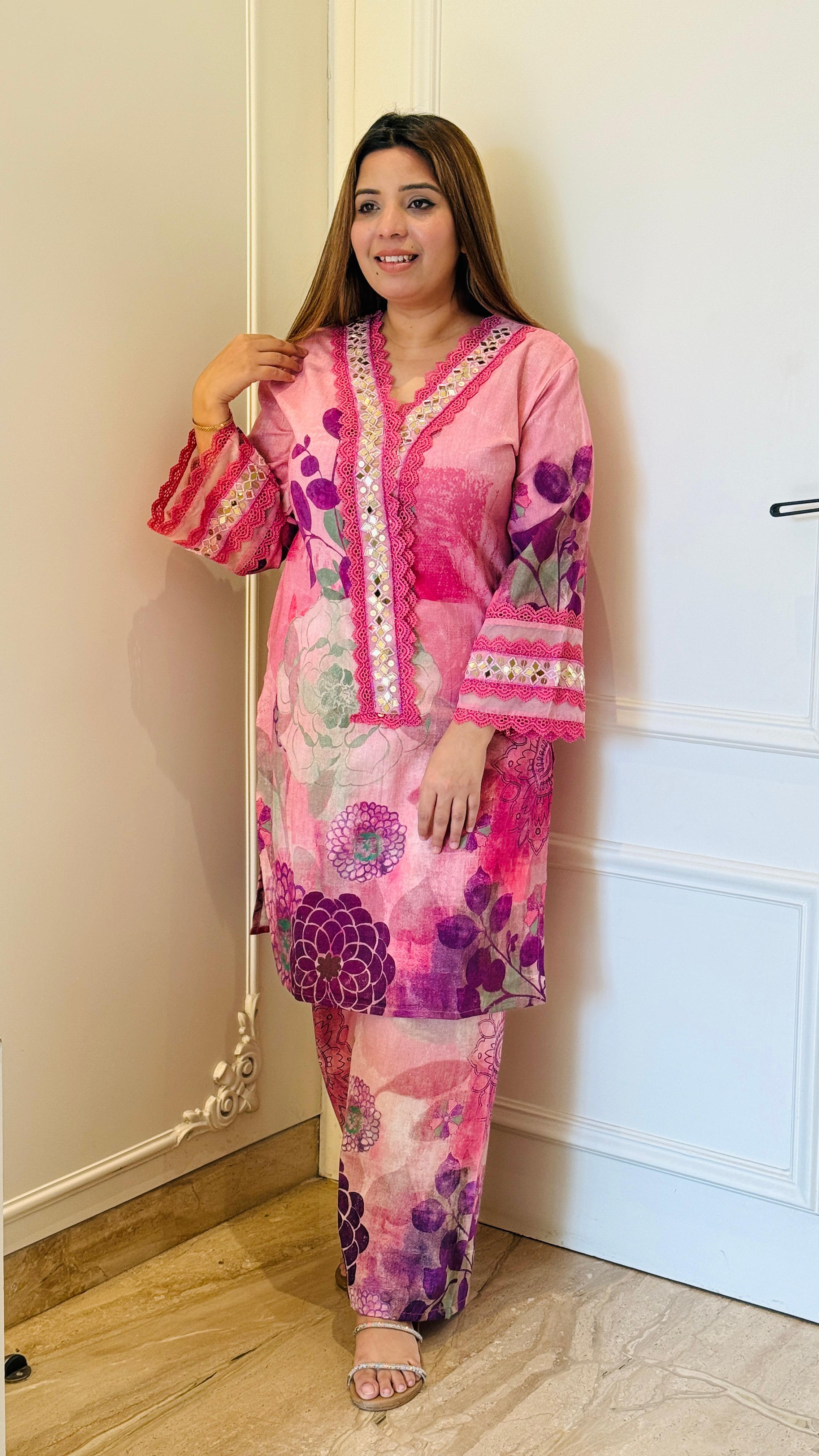 Beige  & Pink Aarvi Cotton Slub Brush Print Cordset